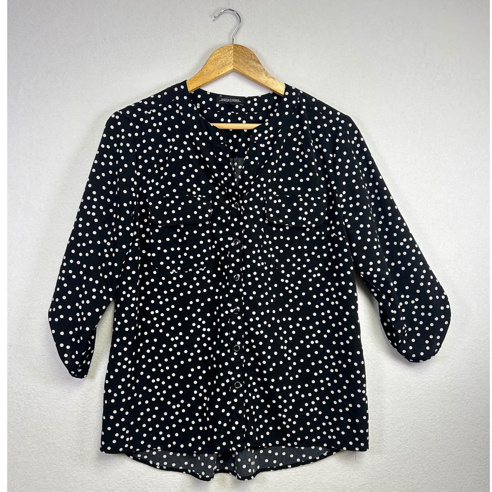 Notations Women's Black White Polka Dot Button Down‎ Shirt Blouse Top Size M